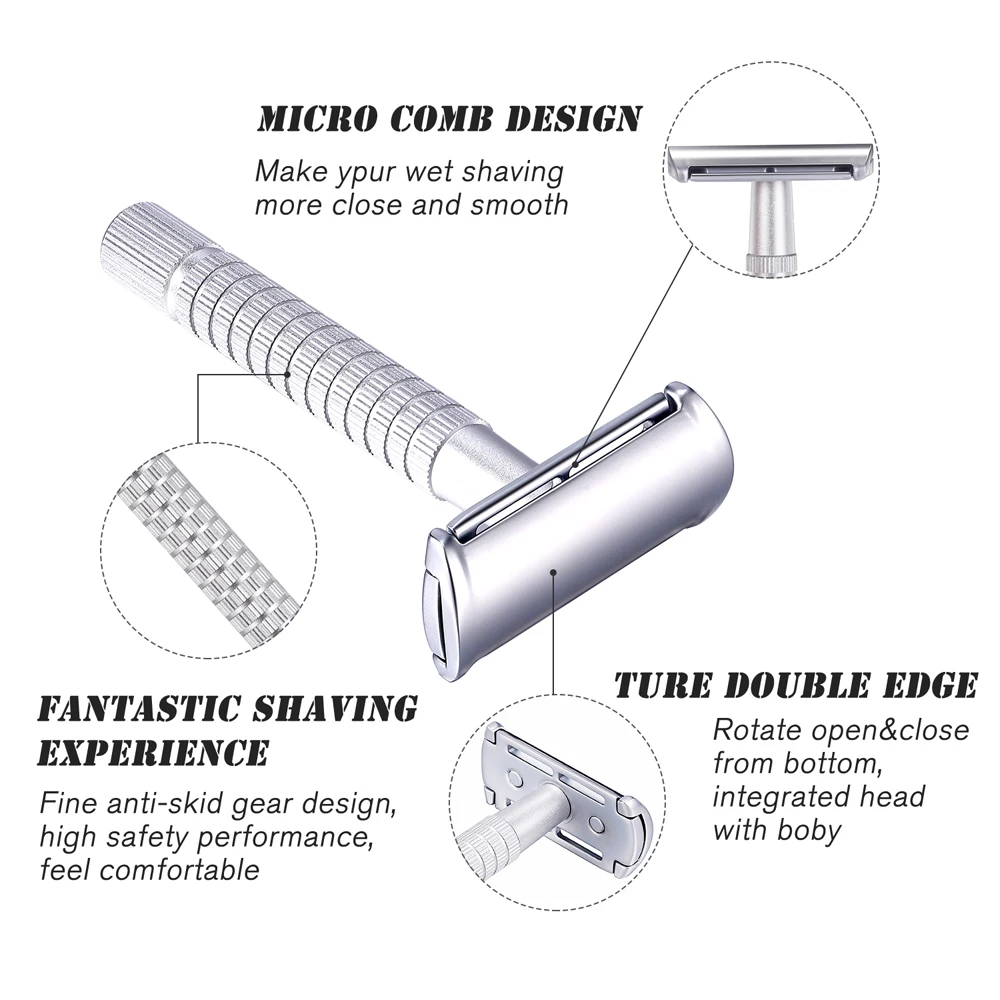 Whityle Metal Safety Razor Classic Wet Shaver Large Handle Beard Carving Razor 06T With 5 Platinum Coated Blade 4