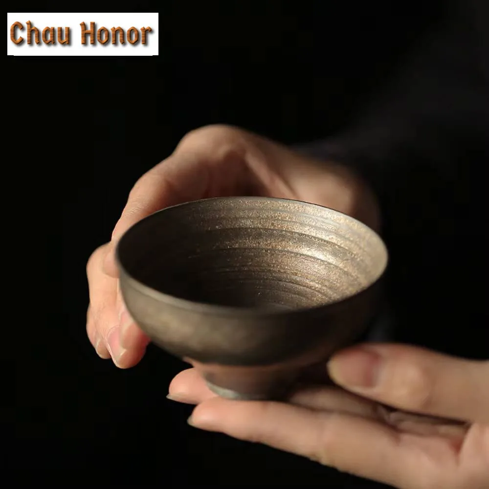 Chinese Handmade Thin Tire Iron Glazed Tea Cups Japanese Coarse Pottery High Foot Master Cup Personal Master Cup Puer Tea Bowl