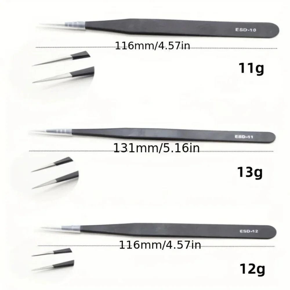 6-Pcs ESD Anti-Static Precision Tweezers Stainless Steel Tool For Electronic Repair Process Modeling Bending Curved Straight Tip