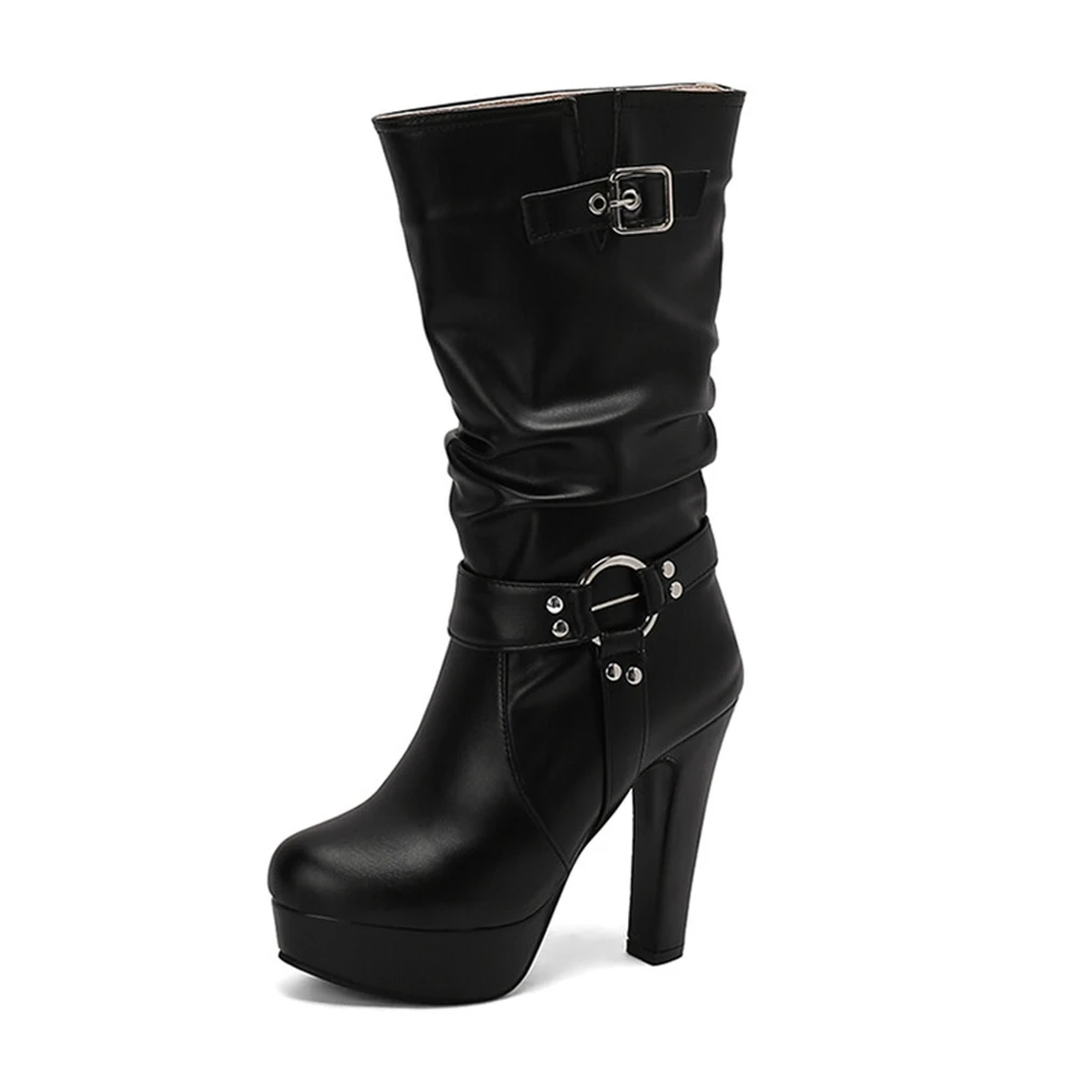 Mid Calf Boots Women Fashion Round Toe Pleated Party Dress Thick High Heel  Set Platform Boots Big Size 49 50 338-45 - AliExpress 322
