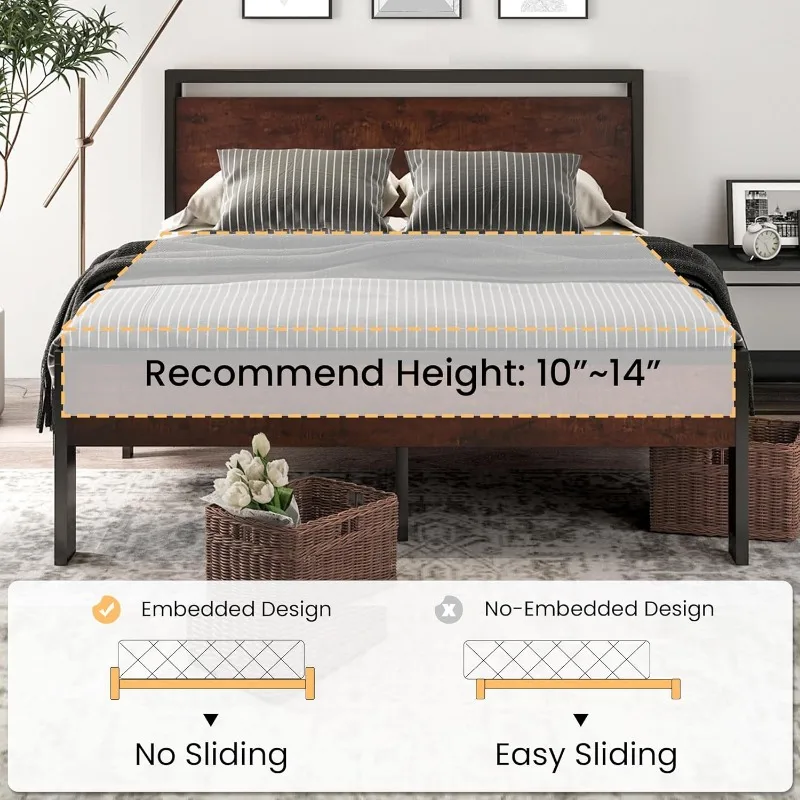 14 Inch Queen Size Metal Platform Bed Frame with Wooden Headboard and Footboard, Mattress Foundation, No Box Spring Needed,