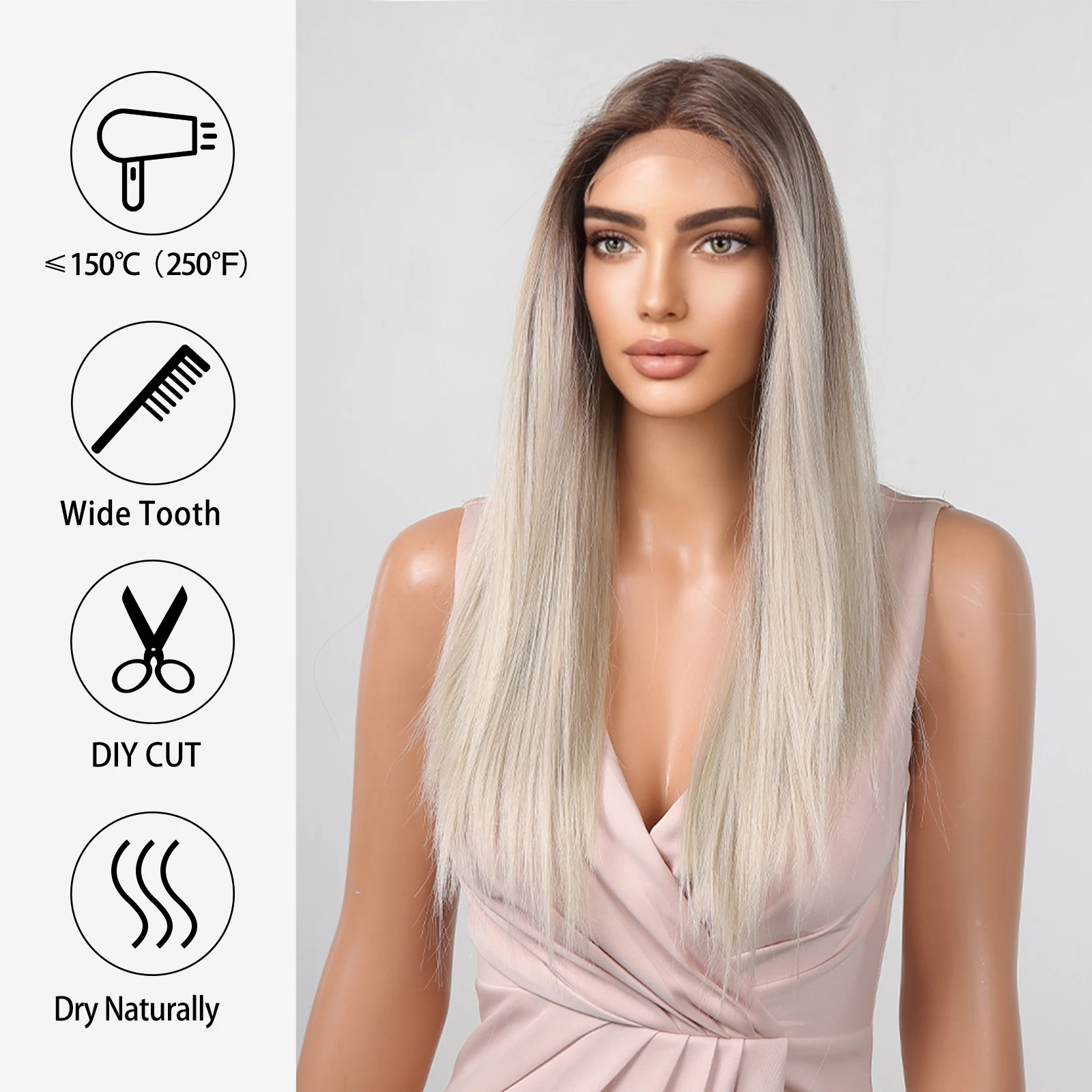 Lace Front Synthetic Wigs Long Straight Ombre Blonde Lace Hair Wig for Women Daily Cosplay Party Natural Heat Resistant Fake Wig