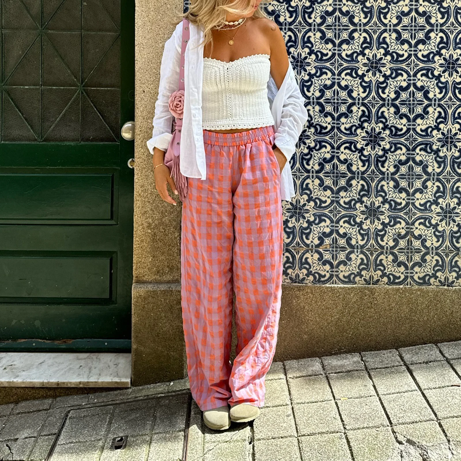 Combhasaki Women's Y2K Vintage Plaid Print Long Pants Elastic High Waist Wide Leg Loose Casual Aesthetic Trousers with Pockets 4