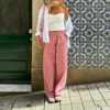 Combhasaki Women's Y2K Vintage Plaid Print Long Pants Elastic High Waist Wide Leg Loose Casual Aesthetic Trousers with Pockets 4