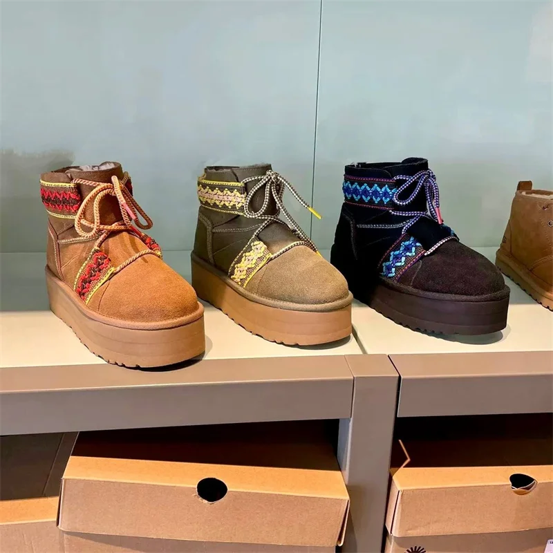 

Women Platform Boots Flats Fur Warm Shoes 2023 Winter New Designer Short Plus Cotton Fad Suede Lace Up Snow Boots