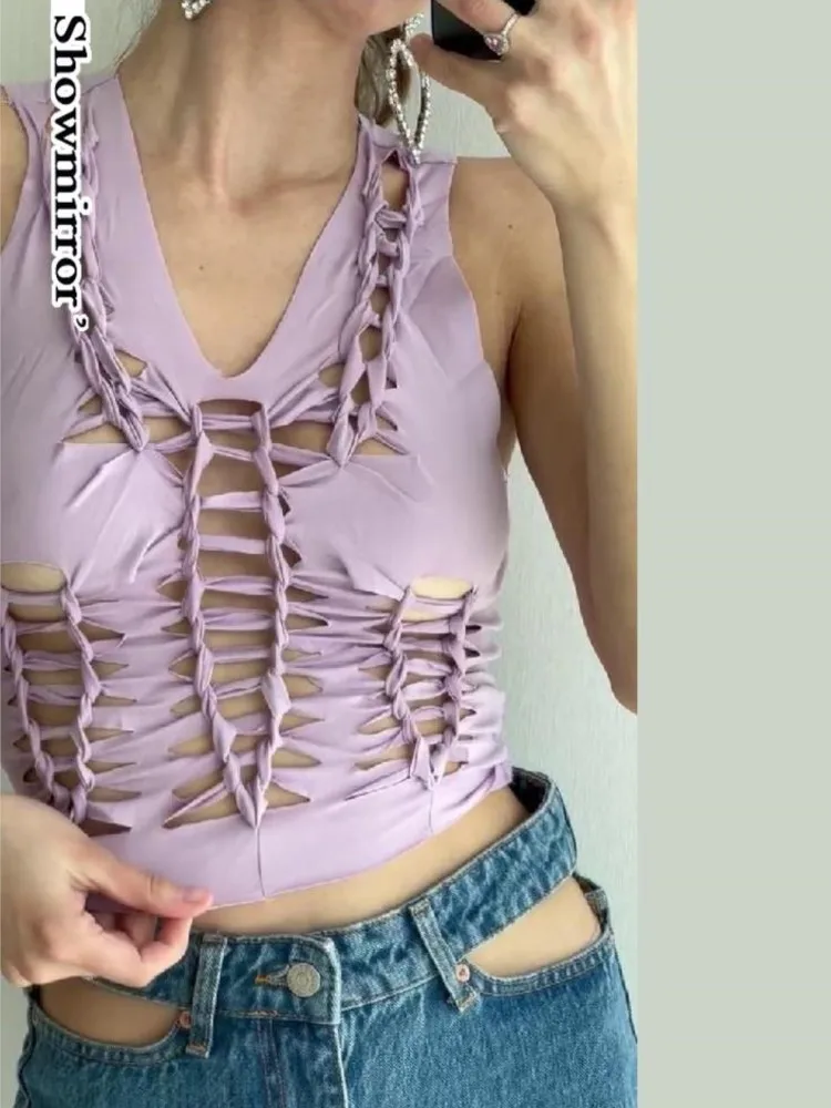 

Showmirror Y2k Purple Lace Up Hollow Out Tank Top Vest for Women Sexy Skinny Bandage Crop Tops Summer Mujer Streetwear