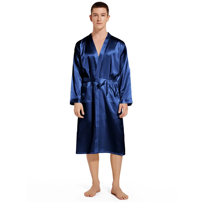 new men spring pajamas long sleeve imitation silk pyjamas loose plus nightdress thin ice silk sleepwear lapel simple home wear Spring Summer Men's Thin Imitation Silk Pajamas Solid Color Long Sleeve Cardigan Bathrobe Oversized Loose Home Sleepwear