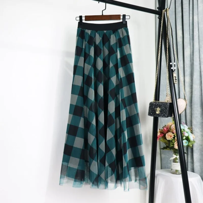 Fashion Blackish Green Plaid Gauze Mesh Skirt Women Classic High Waist Office Mid Length Version Slim Large Swing Gauze Skirt