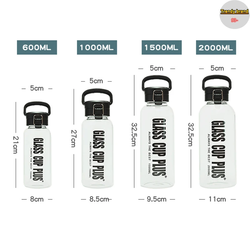 대용량 휴대용 유리 물병, 0.6L 1L 1.5L 2L 스포츠 캠핑 사이클링 물병 패션 내열성 병