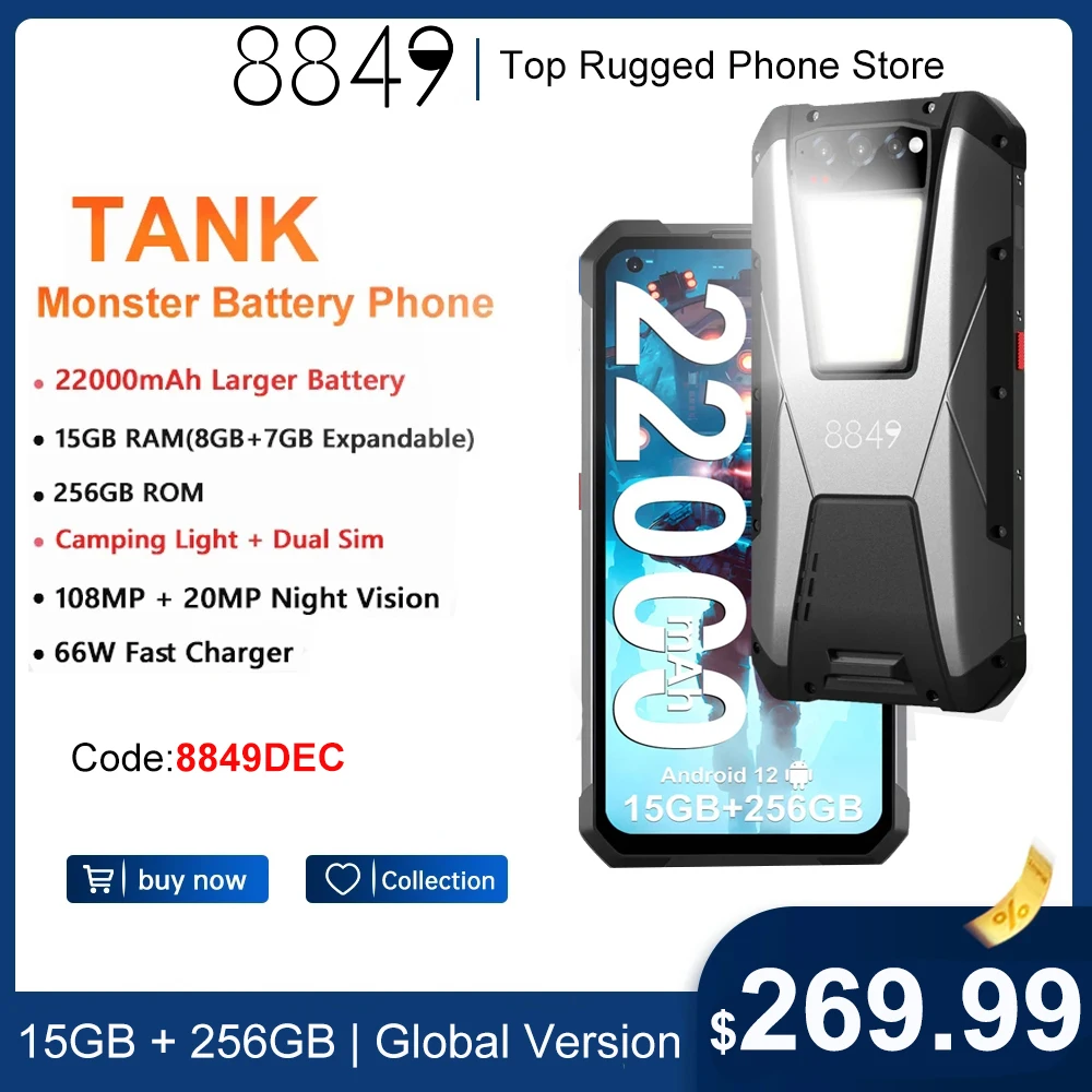 

8849 By Unihertz Tank 22000mAh Battery Rugged Smartphone 15GB 256GB 108MP G99 Night Vision Cellphone Camping Mobile Phone
