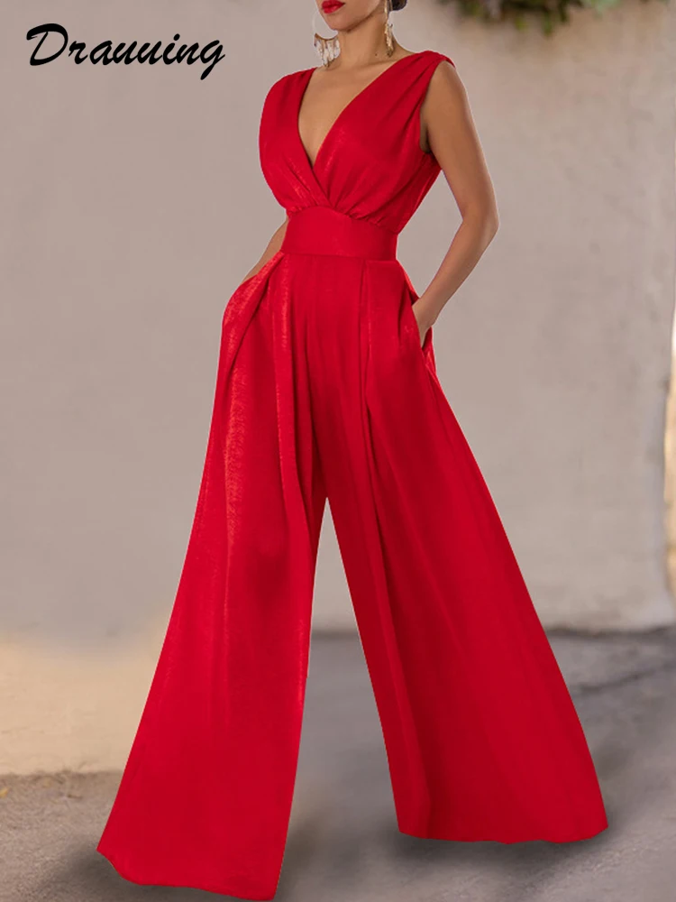 

D​rauuing Sleeveless Jumpsuit Women V-Neck Off Shoulder Casual Playsuit Women Hight Waist Casual Elegant Jumpsuit Solid