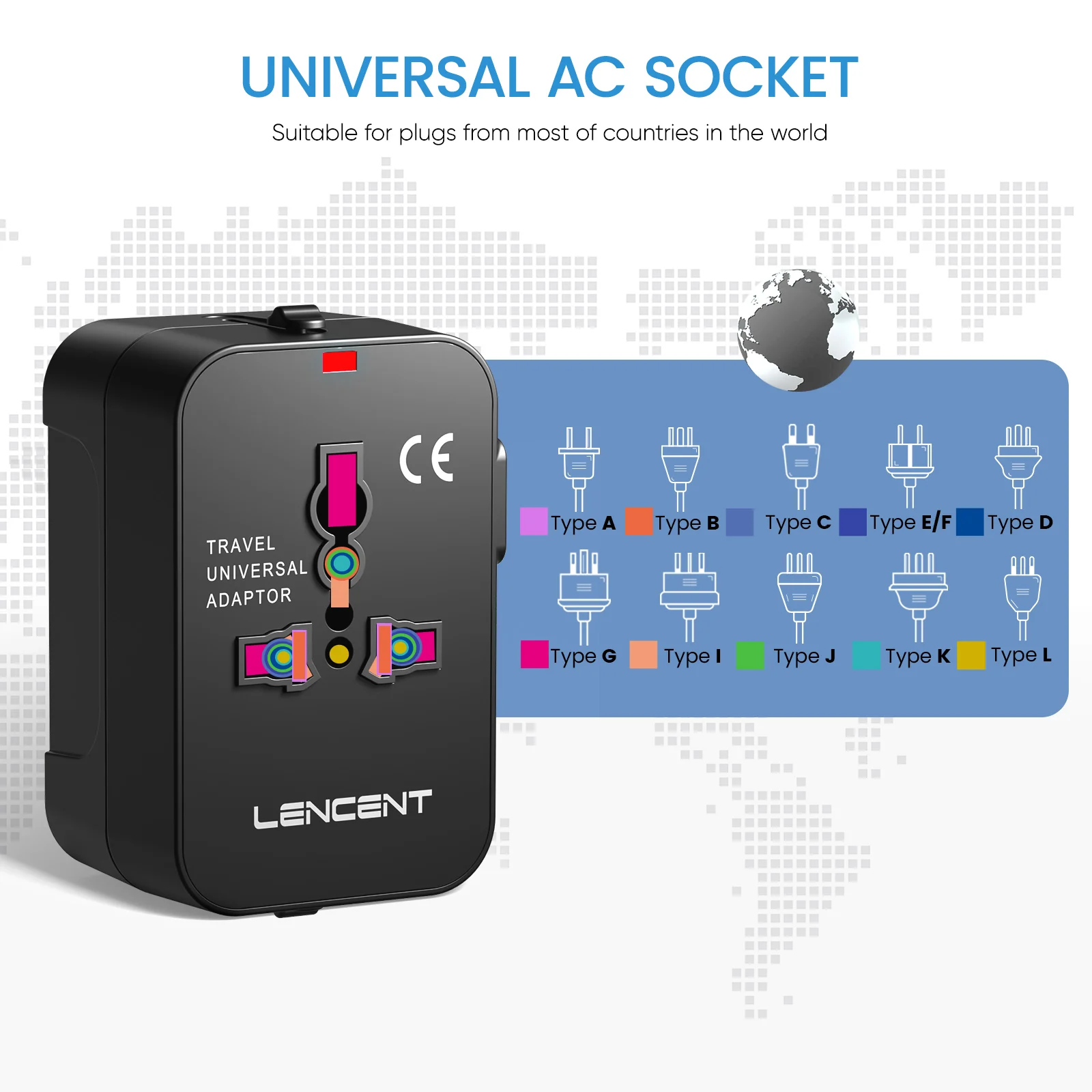 Universal Travel Adapter, LENCENT All in One International Power Adapter  Charger with Dual USB Charger Ports for UK Europe Australia China over 200+