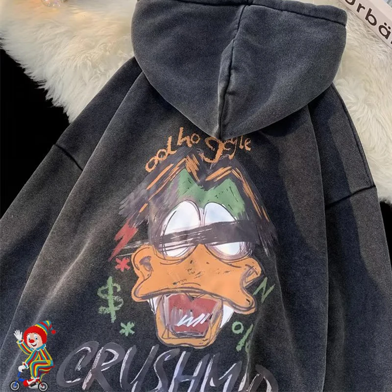 

High Street Cartoon Doodle Print Hoodie Vintage Wash Water Do Old Sweatshirts Autumn Winter Men Women Loose Casual Pullover
