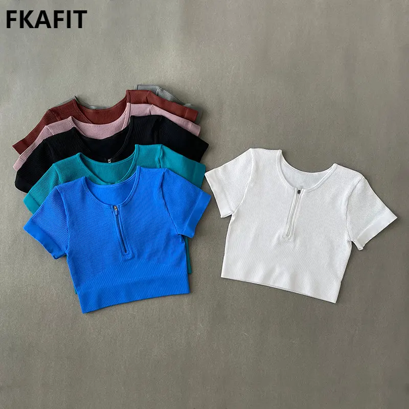 Woman Sports Top With Zipper Yoga Crop Top Ribbed Short Sleeve For Fitness Workout T-shirt Tops Gym Clothing Sportswear sports t shirt yoga top yoga shirt sports shirt