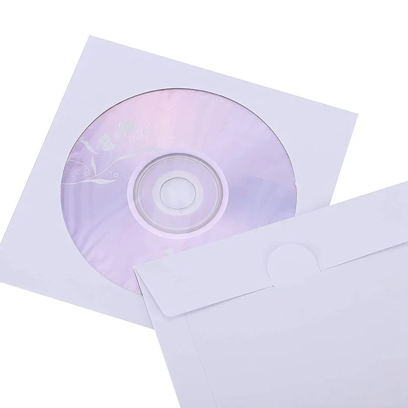 CD DVD 슬리브, CD 미디어 용지 봉투 슬리브, 투명 창 닫기 플랩, 흰색, 100 팩 거치대