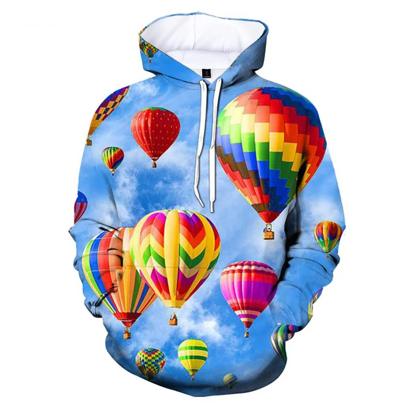 Sudadera con capucha de globo aerostático con estampado 3D para hombre, sudadera informal de moda de manga larga con patrón colorido, sudaderas holgadas