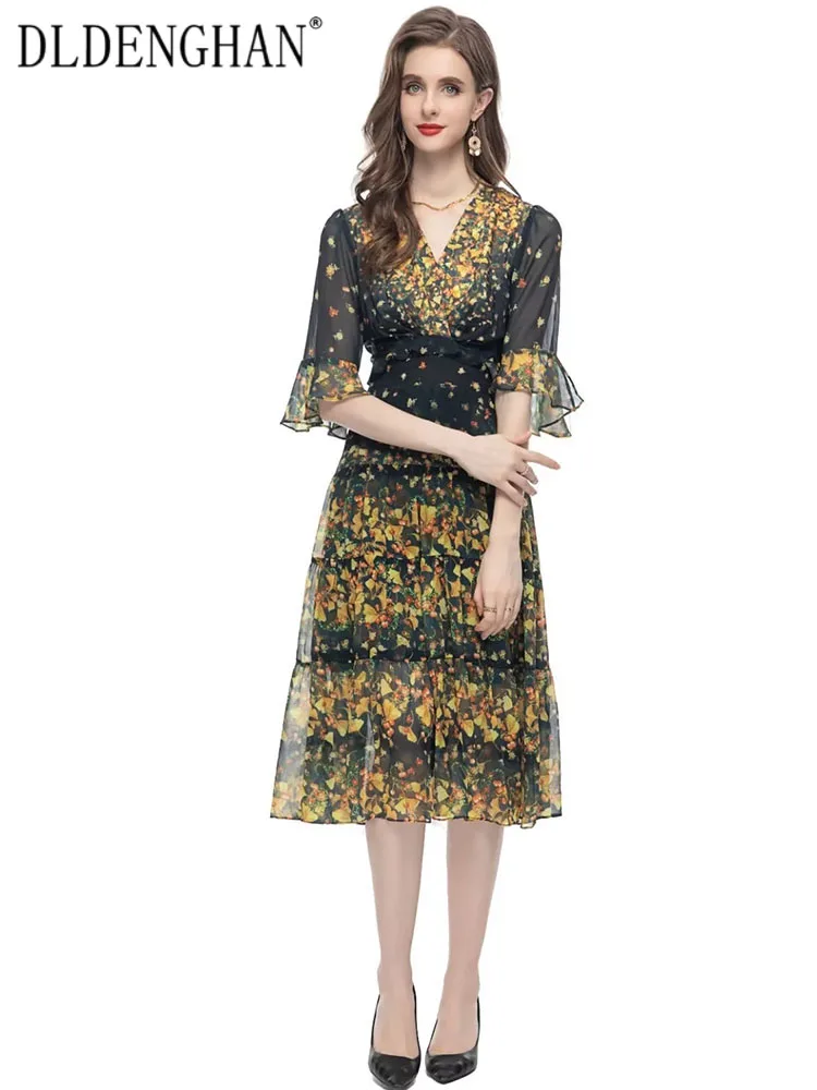 

DLDENGHAN Spring Summer Dress Women V-Neck Flare Sleeve Ruffle Flowers Print Elastic Waist Vintage Party Dresses Fashion New