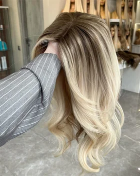 Parrucca Glueless Anteriore Del Merletto HD Parrucca Colorata Balayage Bionda Bianca Platino Fibra Sintetica Mista di Capelli Umani di Lusso Resistenti al Calore