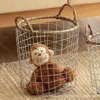 Retro Minimalist Wrought Iron Mesh Storage Basket Woven with Rattan and Iron Wire Pure Handmade Hand-held Storage Basket 2