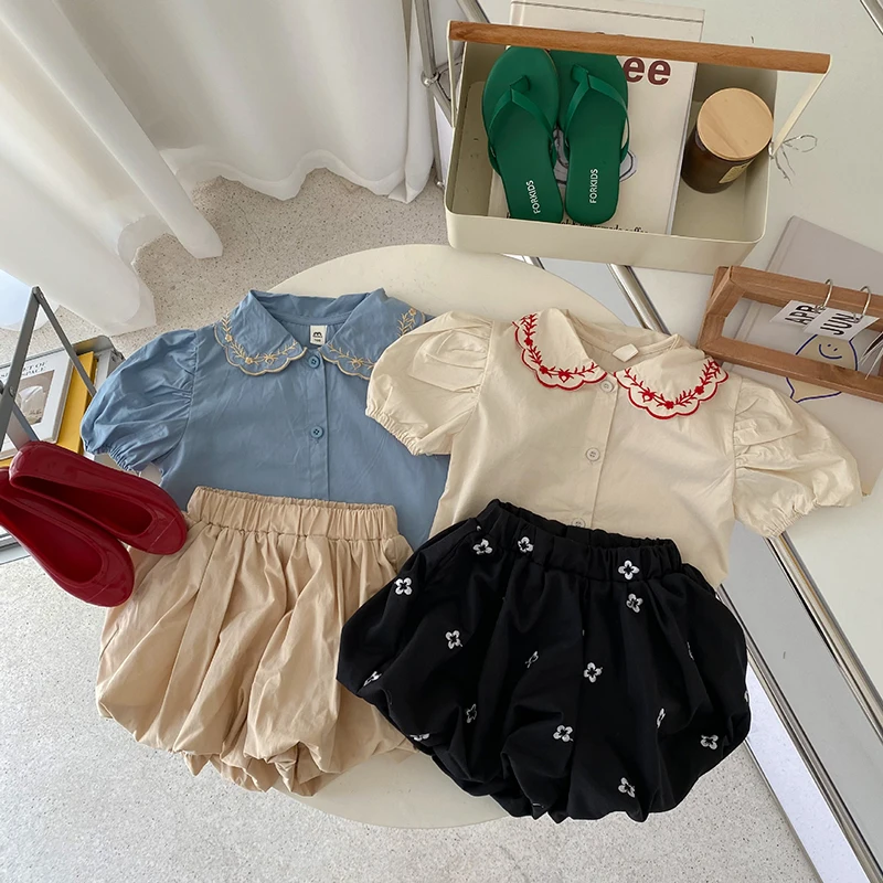 Summer Girls Pants Floral Puffy Shorts Solid Color Children Cotton Bloomers 1-6 Years Kids Shorts