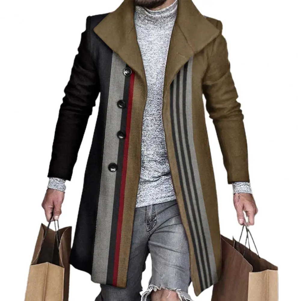 Lapel Long Sleeves Pockets Single-breasted Men Windbreaker Autumn Winter Mid-Length Plaid Patchwork Thickened Woolen Coat trench coat warmth coat waterproof windbreaker jacket casual men jacket outdoor jackets