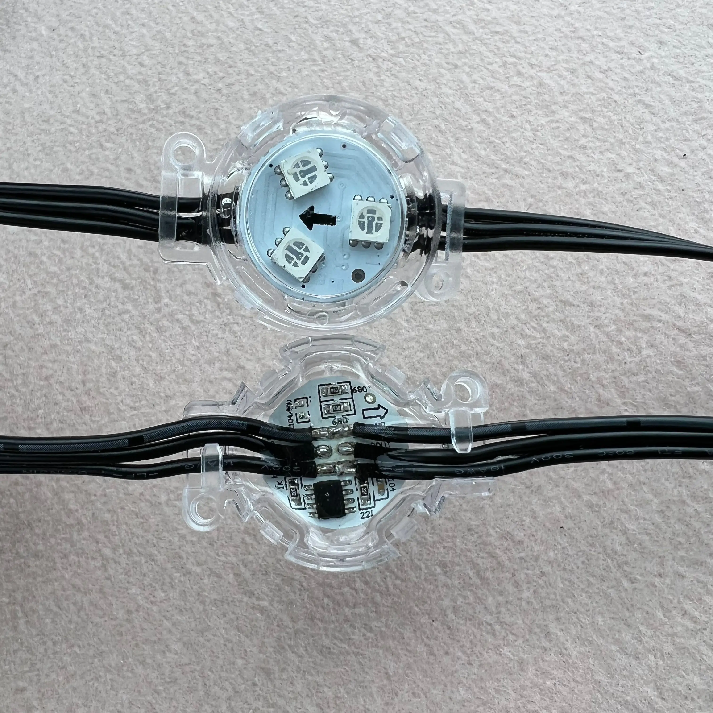 20pcs/string 30mm 12V WS2811 LED addressable rgb full color pixel module;IP68;clear cover;0.72W;18AWG black wire
