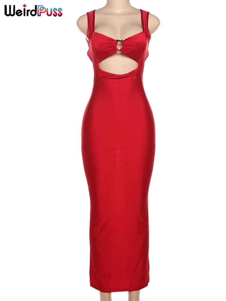 Weird Puss Sexy Party Dress Women Ring Clasp Chic Hollow Backless Sleeveless Low-Neck Birthday Banquet Rave Bodycon Vestidos 6