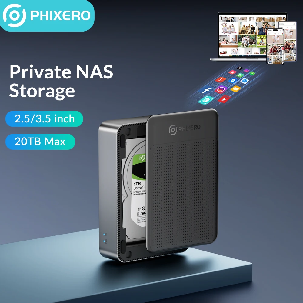 PHIXERO Household Storage Type-C Port 3.5'' HDD/SSD Network Attached Storage with Automatic Backup Remote Access & Share Data