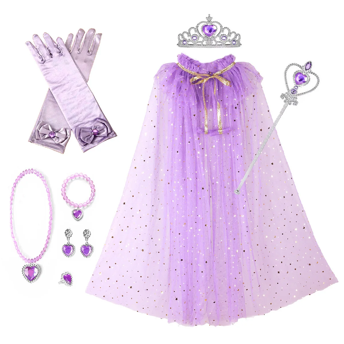 Girl Princess Accessory 7pcs Cloak+Gloves+Necklace Set Sequins Cape Baby Girl Birthday Party Aurora Belle Cosplay School Show
