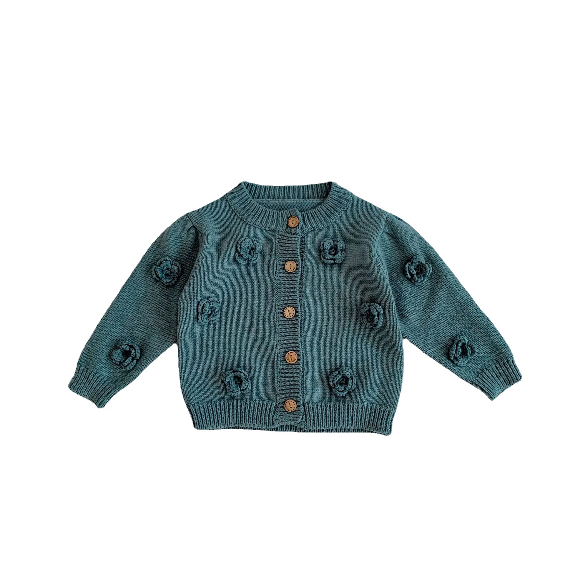 

Baby Girls Sweater Handmade Flower Knitted Cotton Coat Crewneck Cardigan