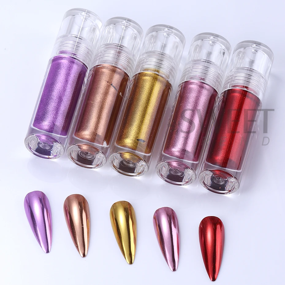 Metallic Liquid Mirror Chrome Powder For Nails Tube Design Rubbing Pigment With Brush Gold Silver Polish Glitter Manicure Decor