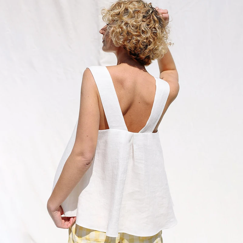 Cotton Linen Women Top Summer Sexy Sleeveless Back Cross Basic