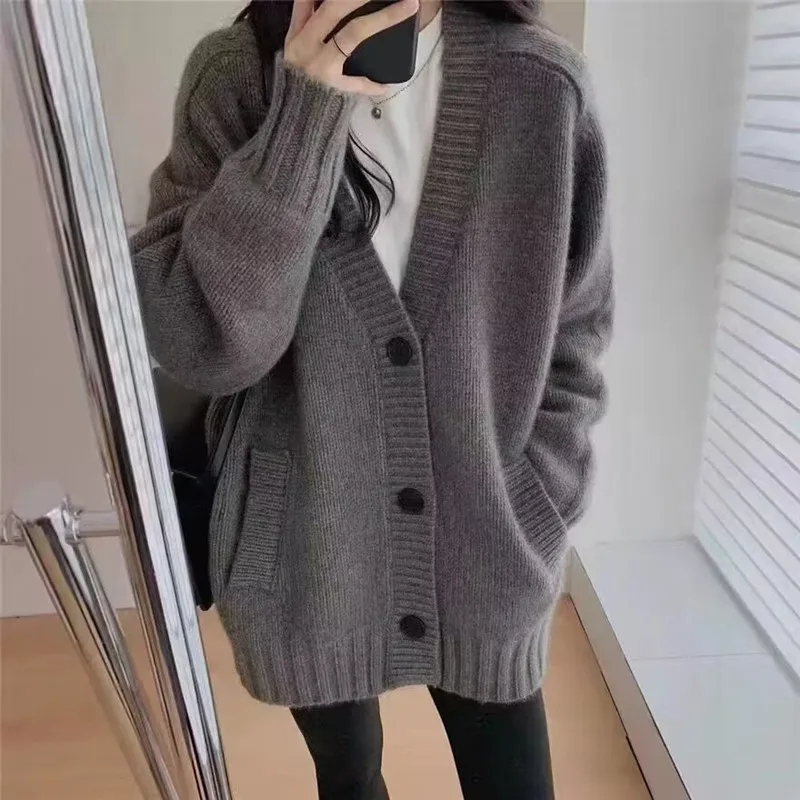 100% Pure Wool Knit Japanese Cardigan Women's 24 Autumn/Winter Korean Jacket Mid Length Coat Loose Large Cashmere Sweater Female 3