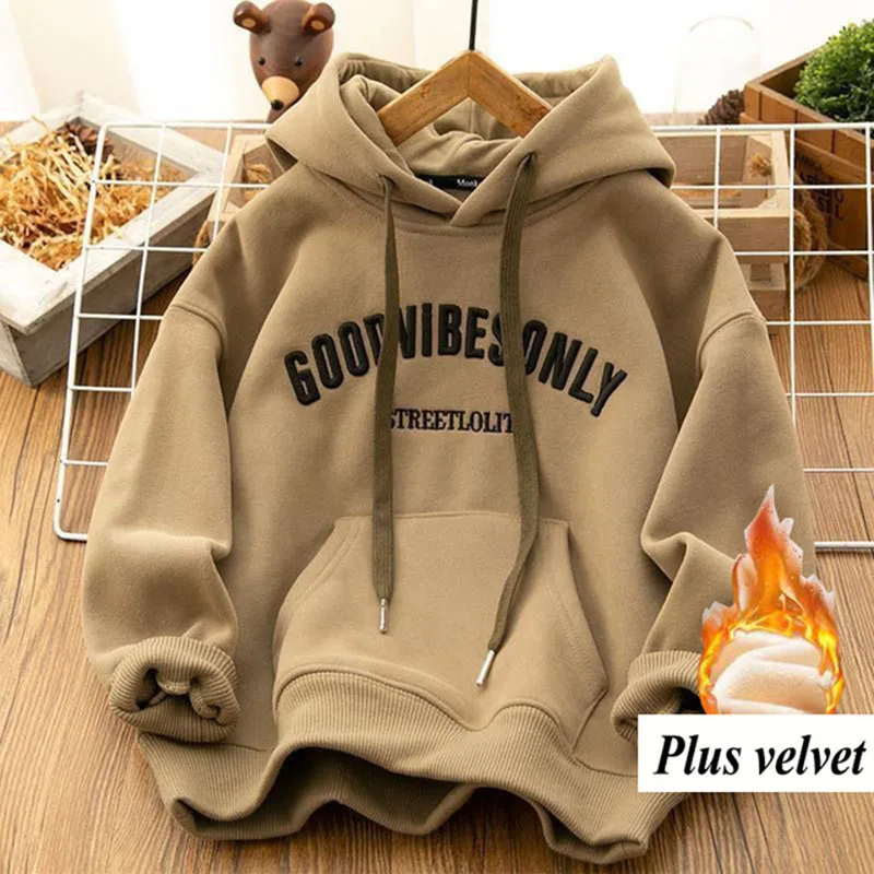 thumbnail image 1 of Sudadera con capucha gruesa y cálida para mujer, sudaderas de terciopelo con estampado de letras, jerséis Harajuku con bolsillos que combinan con todo, Otoño e Invierno, 1 of 5