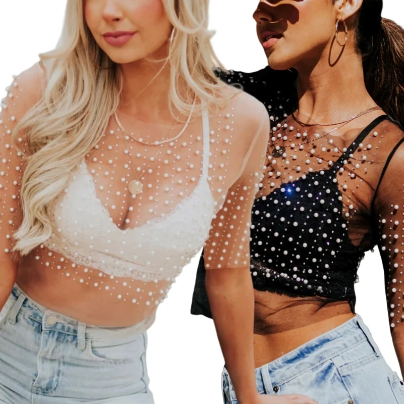 

Womens Sexy Half Sleeve Crewneck Sheer Mesh Crop Top Pearls Rhinestones Beaded See-Through Cover Up Blouses Clubwear