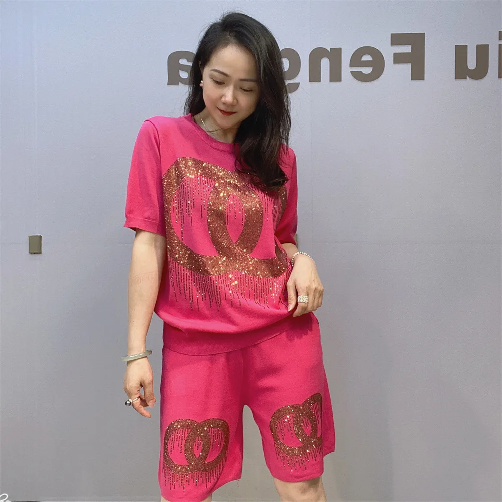 Casual Sequins Knitted Short Pant Sets Women 2 Piece Summer O Neck Short Sleelve Black Top Matching Sets Sportwear Femme