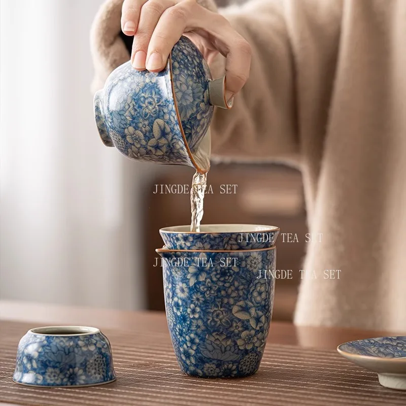 Blue and White Porcelain Kung Fu Teaset Household Tea Maker High End Chinese Style Tea Cup Lid Chinese Three Talent Tea Bowl