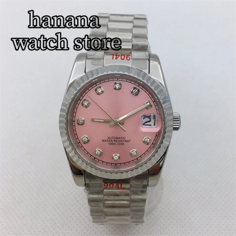 

BLIGER 36mm/39mm NH35A Mechanical Automatic Watch For Men Fluted Bezel Pink dial Diamond Index Date President /Jubilee Bracelet