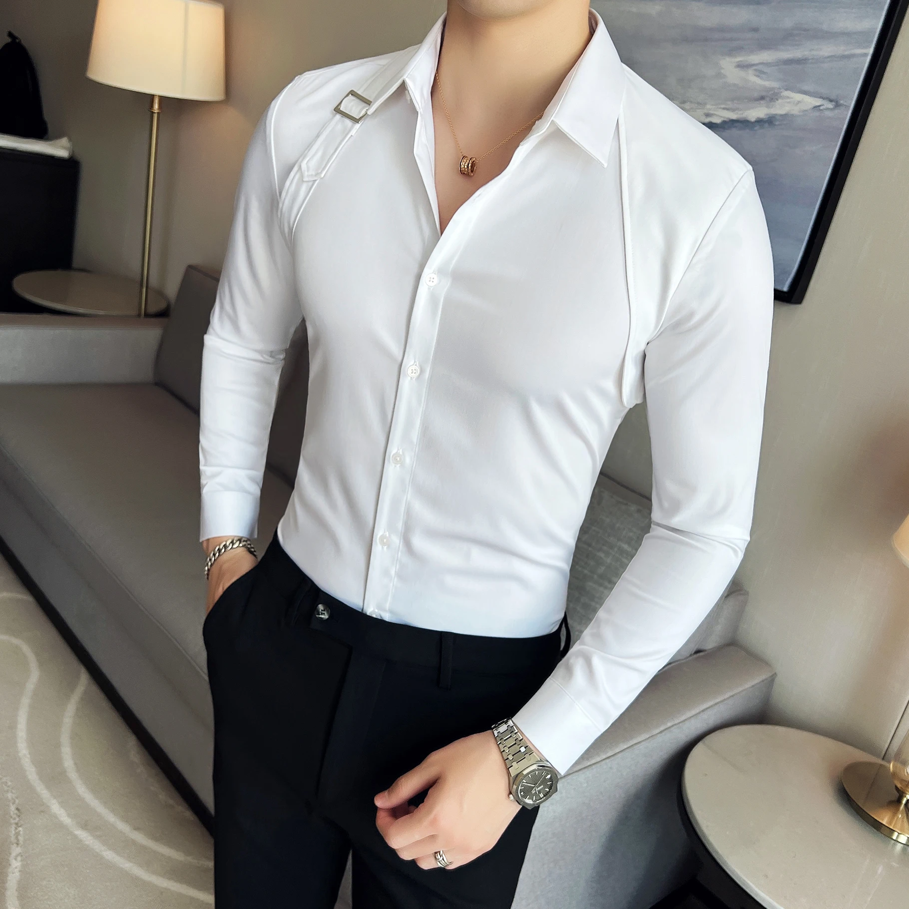 Luxury Men Shirt White Straps Shoulder Designer Blouse Male Slim Fit Shirt  Camicia Uomo Camisa Social Masculina Hippie Clothes