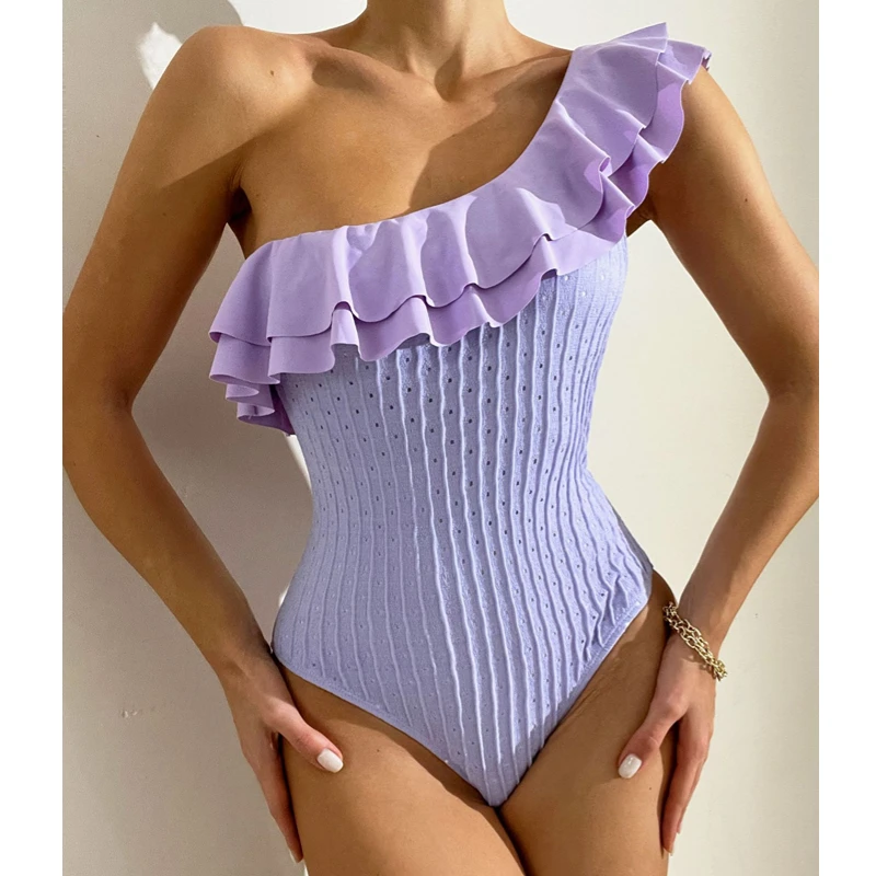 

Women's One Shoulder One Piece Swimsuit Ruffle Trim Textured Bathing Suit