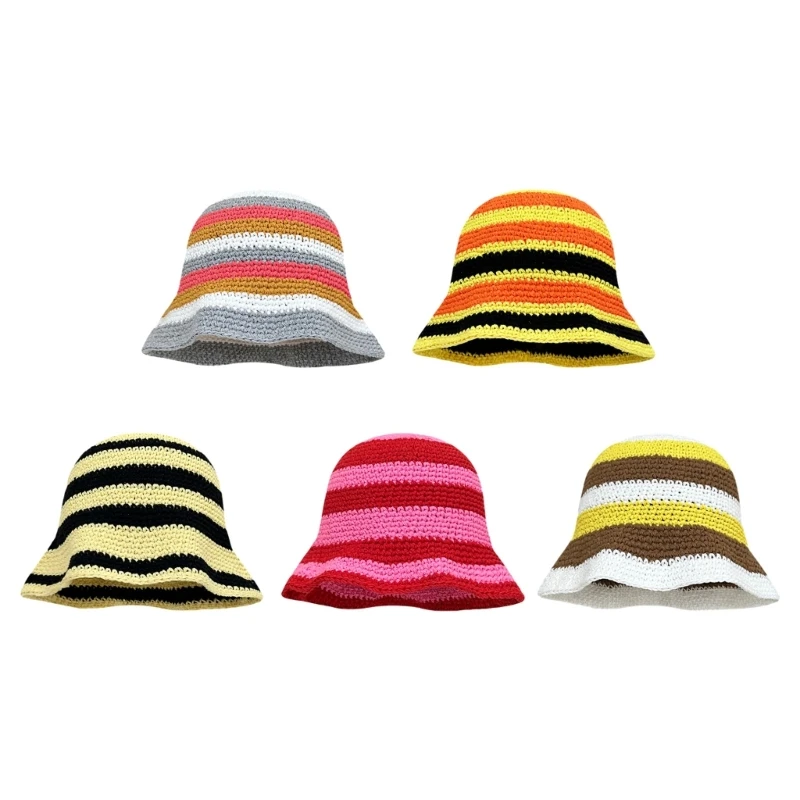 

M89E Fashion Crochet Stripe Pattern Bucket Hat for Woman Camping Travel Fisherman Hat