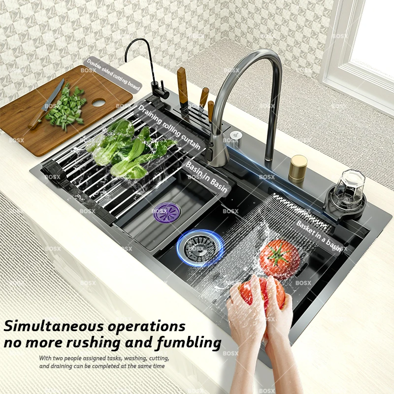 Kitchen Sink Stainless Steel Large Single Slot Multifunctional Waterfall Faucet Dishwashing and Vegetable Basin