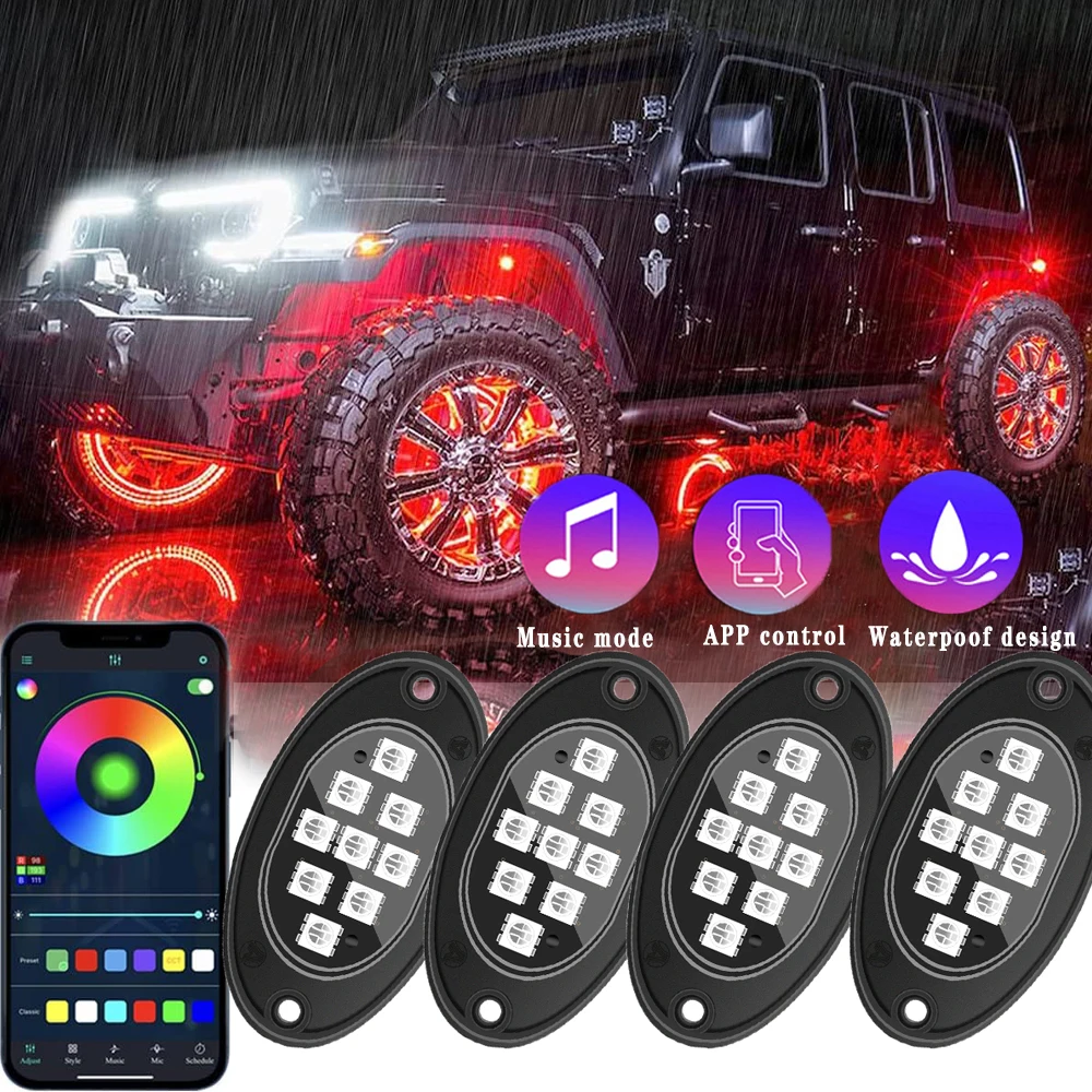 

4 Подсветки RGB для автомобиля, яркий свет, музыкальный режим, управление через приложение, неоновое подземное освещение, с поддержкой Bluetooth
