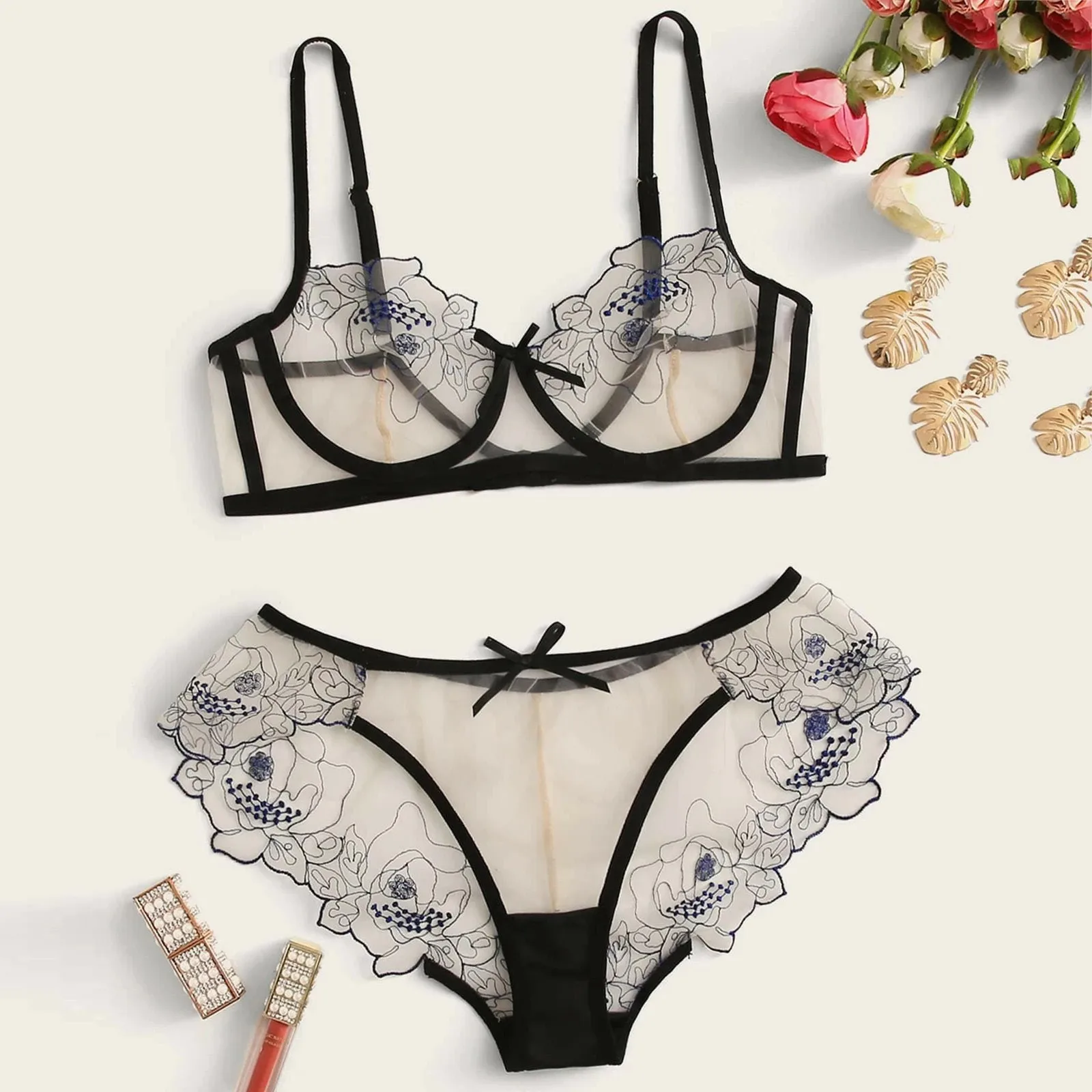 

Floral Lace Pajamas Lingerie Set High Waist Lingerie Set For Women Bra Panty Two Piece Nightwear Sexy Lingerie Set белье женское