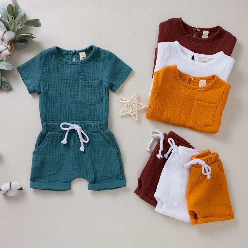 0-6 years old summer girl baby pit pattern sun printing solid color pullover 2022 new boy baby short-sleeved T-shirt shorts 2Pcs Baby Clothing Set best of sale