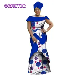 Long Maxi Dress with Headscarf Women Ankara Dress Asymmetrical Boat Neck Africa Print Dress Dashiki Maxi Dress Plus Size WY2836