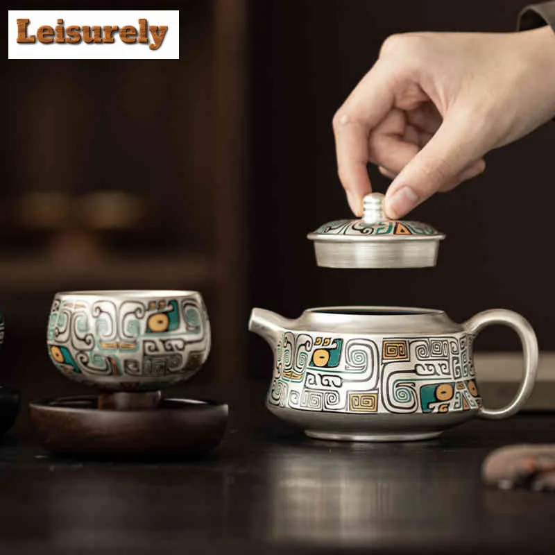 Gilt Silver Taotie Pattern Rotatable Tea Set Complete Set Luxury Tea Ceremony Set Teapot and Tea Cup Set Chinese Tea Set Craft