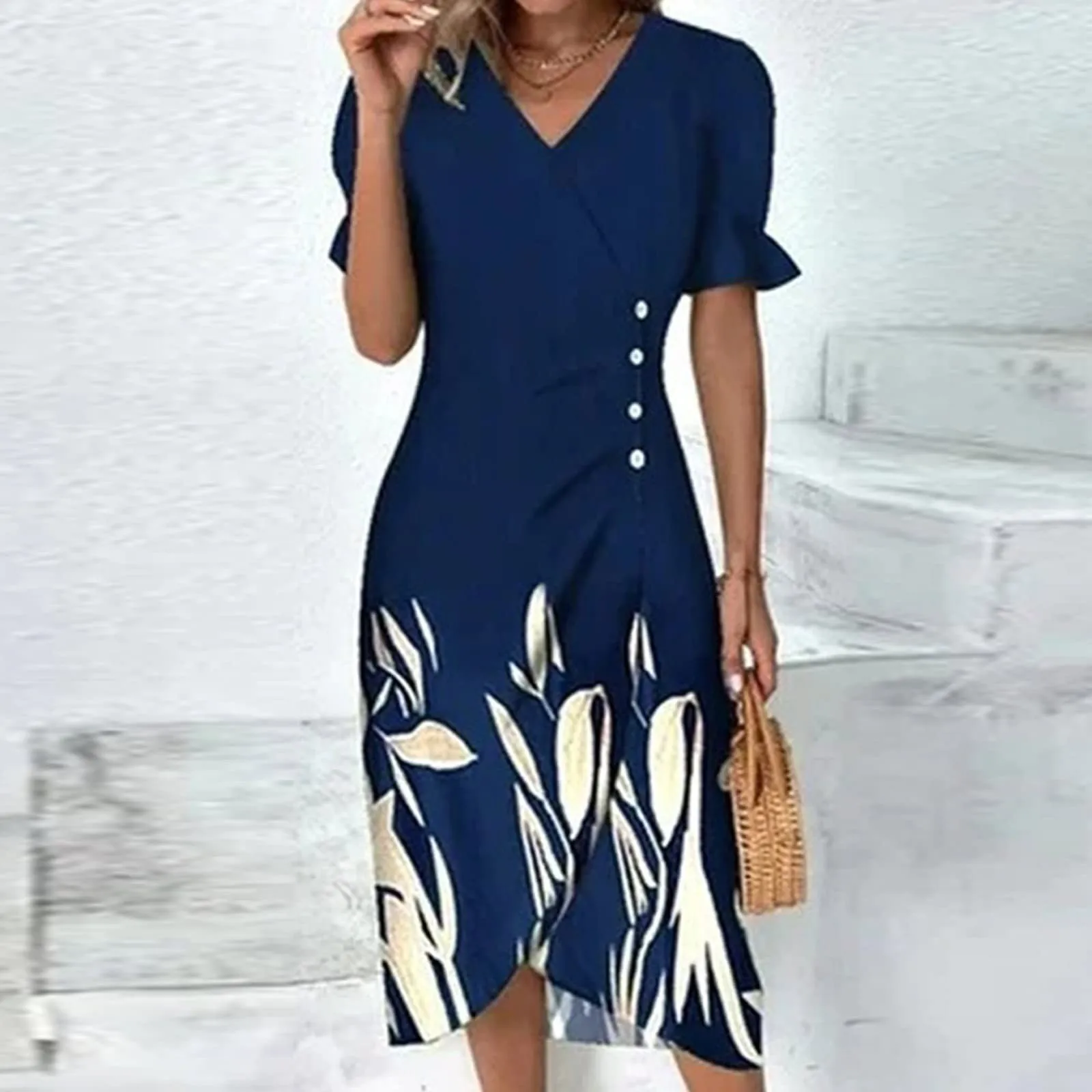 

2024 Summer Floral Short Sleeve V Neck Dress For Women Loose Dress Elegant Office Lady Temperament Party Dresses Female Clothing
