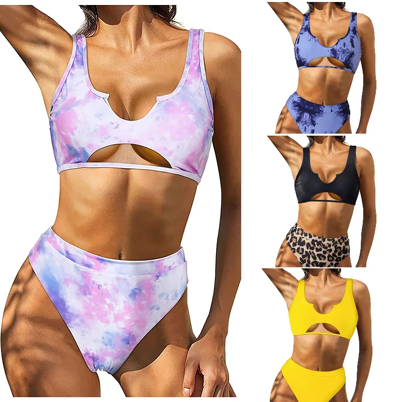 

Sexy Bikinis Women Summer Two Piece Print Swimsuit Female Push Up Halter Ruched Wrap Front High Waist Bathing Suit