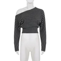 Tenue d'été 2 pièces pour femmes, ensemble élégant, manches longues, épaules dénudées, haut court rayé et short à taille élastique, vêtements Y2k, automne 5